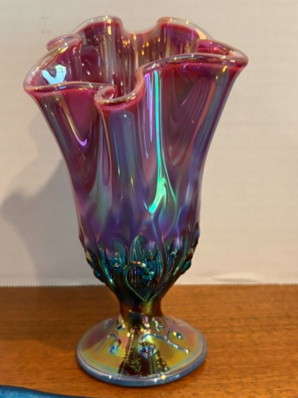 Fenton Plum Opalescent “Lily Of The Valley” Carnival Glass Handkerchief Vase